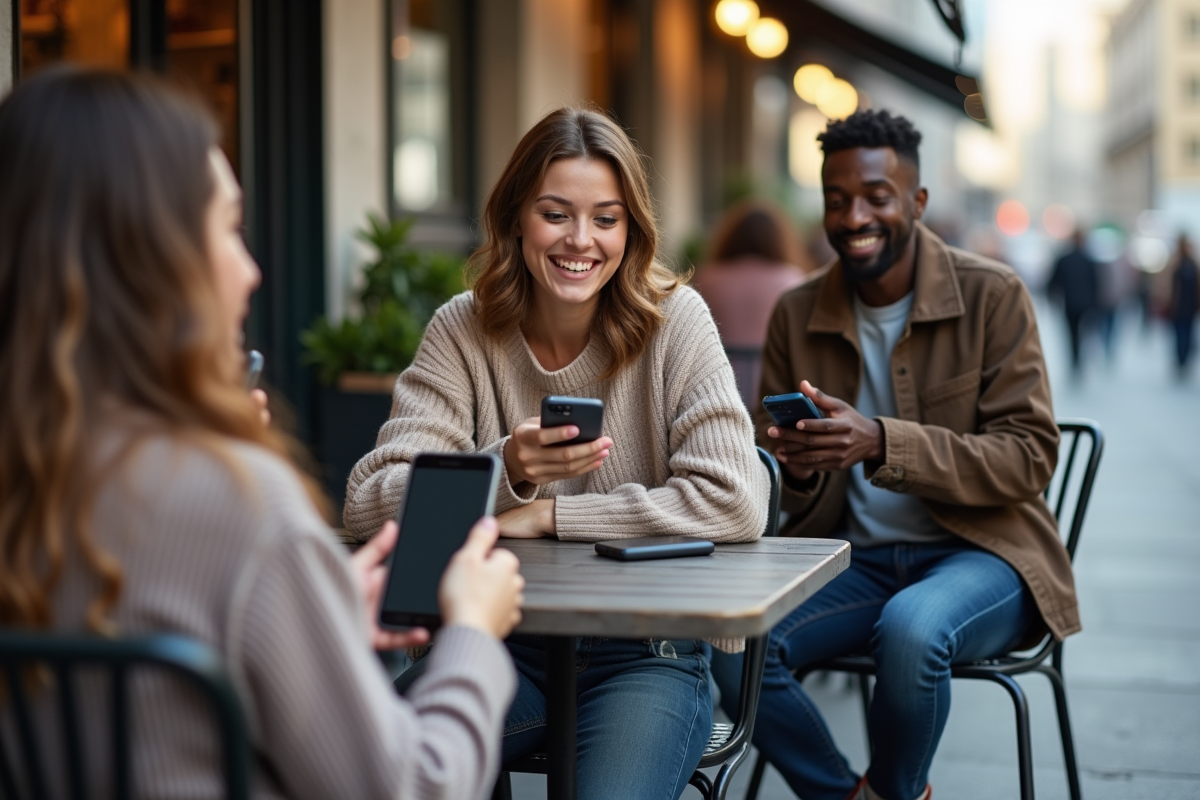 Jeune femme discutant avec des amis dans un café urbain