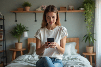 Jeune femme en tenue décontractée prépare une vidéo dans sa chambre