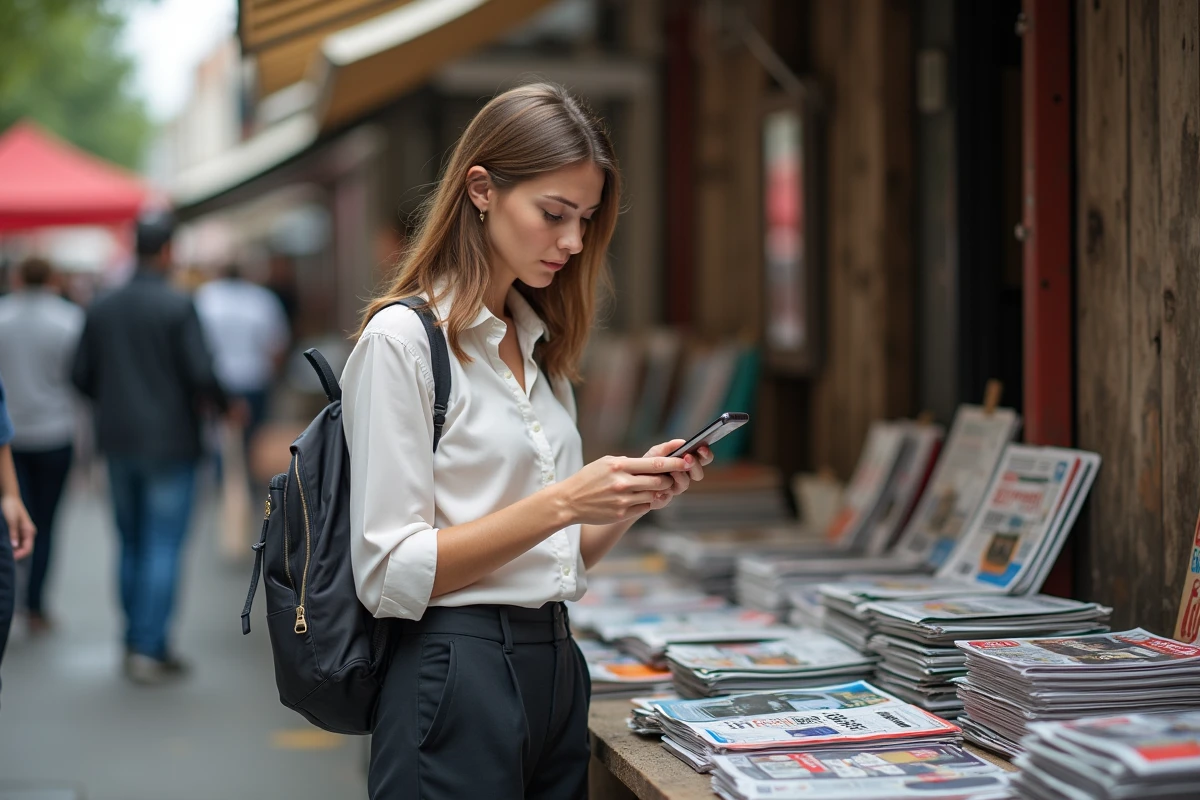 Jeune femme comparant prix de magazines informatiques d