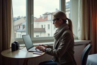 Femme française au travail dans une chambre d'hôtel