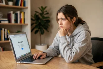 Jeune femme frustrée devant un écran d'erreur sur son ordinateur portable, cherchant une solution pour télécharger des vidéos
