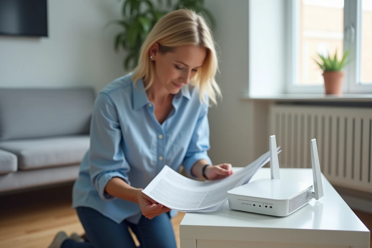 Femme consultant le guide d'installation de la Freebox pour trouver le mot de passe par défaut lors de la première connexion à mafreebox.freebox.fr