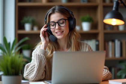 Femme en home office parlant dans un micro avec casque