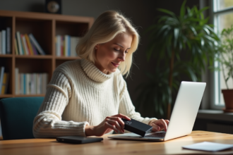 Femme d'âge moyen insérant un disque dur dans son ordinateur
