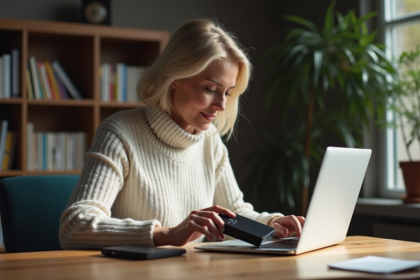 Femme d'âge moyen insérant un disque dur dans son ordinateur