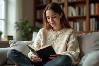 Femme lisant sur une liseuse Kindle confortablement installée dans un salon cosy avec des étagères de livres en arrière-plan