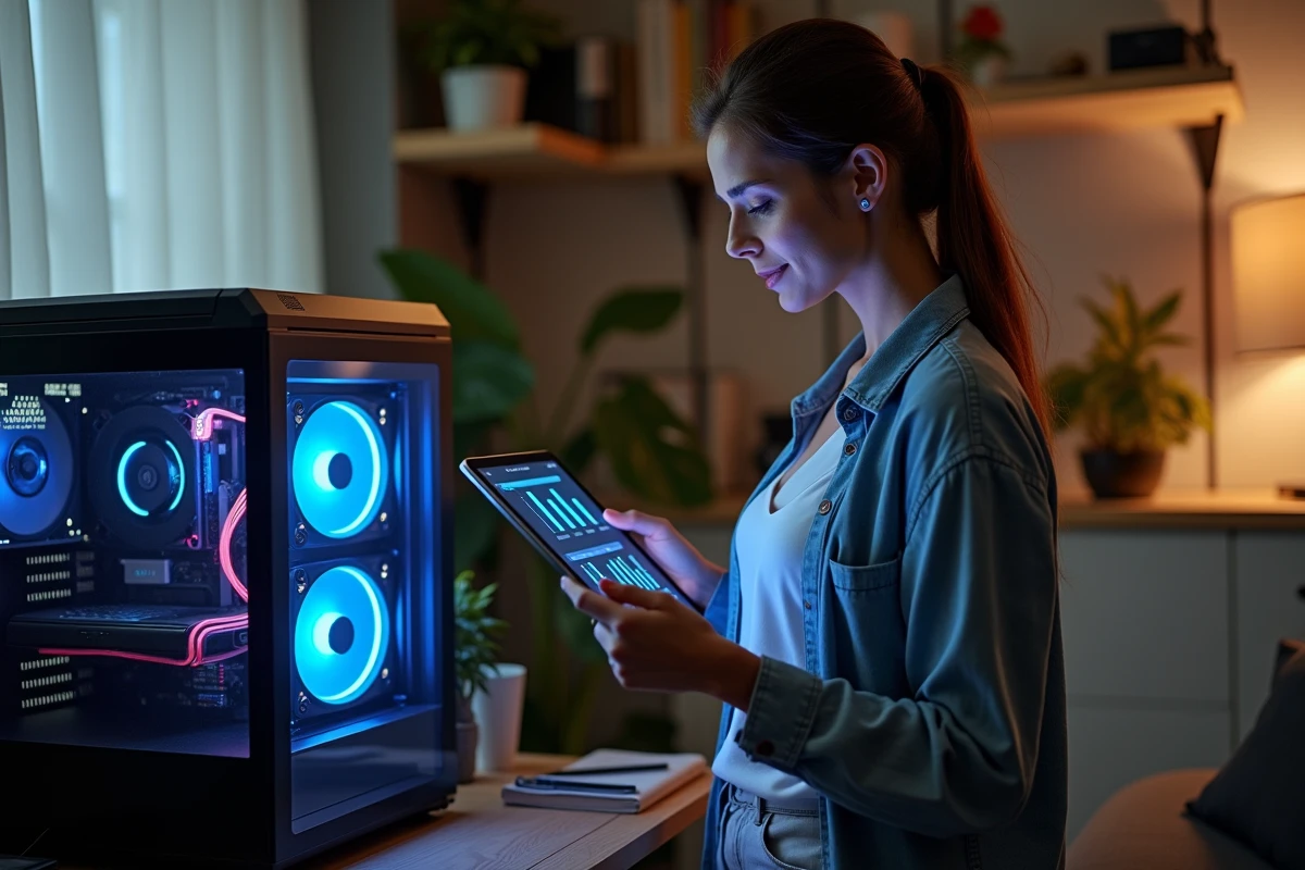 Femme regardant un PC avec graphique de consommation d energie