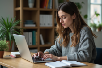 Femme concentrée tapant des mots-clés sur un ordinateur portable