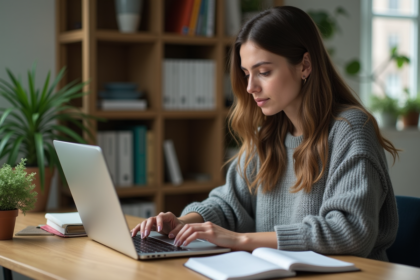 Femme concentrée tapant des mots-clés sur un ordinateur portable