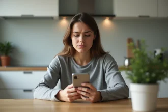 Femme tenant un Google Pixel 6a bloqué avec une expression frustrée à une table de cuisine en bois