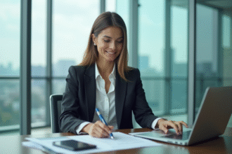 Femme d affaires concentrée au bureau avec ordinateur