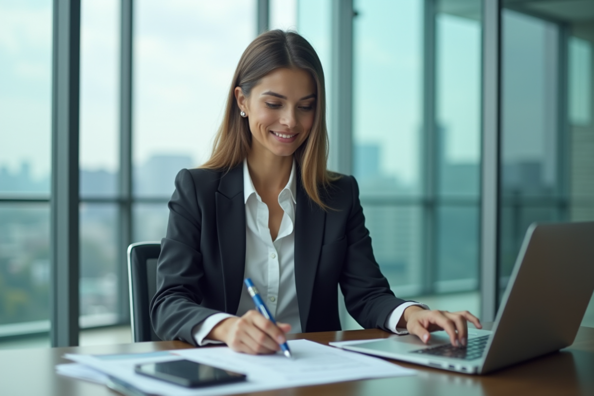 Femme d affaires concentrée au bureau avec ordinateur