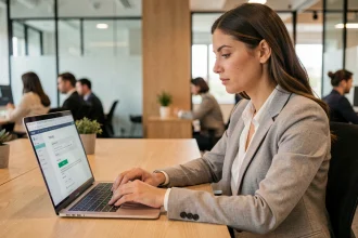 Femme professionnelle rédigeant un email avec les champs Cc et Cci visibles sur son écran d'ordinateur portable en open space