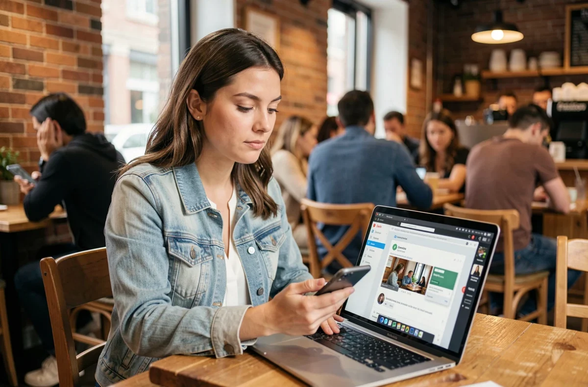 Jeune femme cherchant des alternatives à Niotube dans un café avec ordinateur portable et smartphone