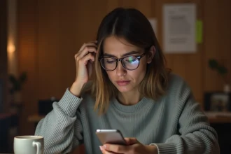 Femme inquiète consultant son smartphone pour retrouver des messages supprimés sur une application de messagerie