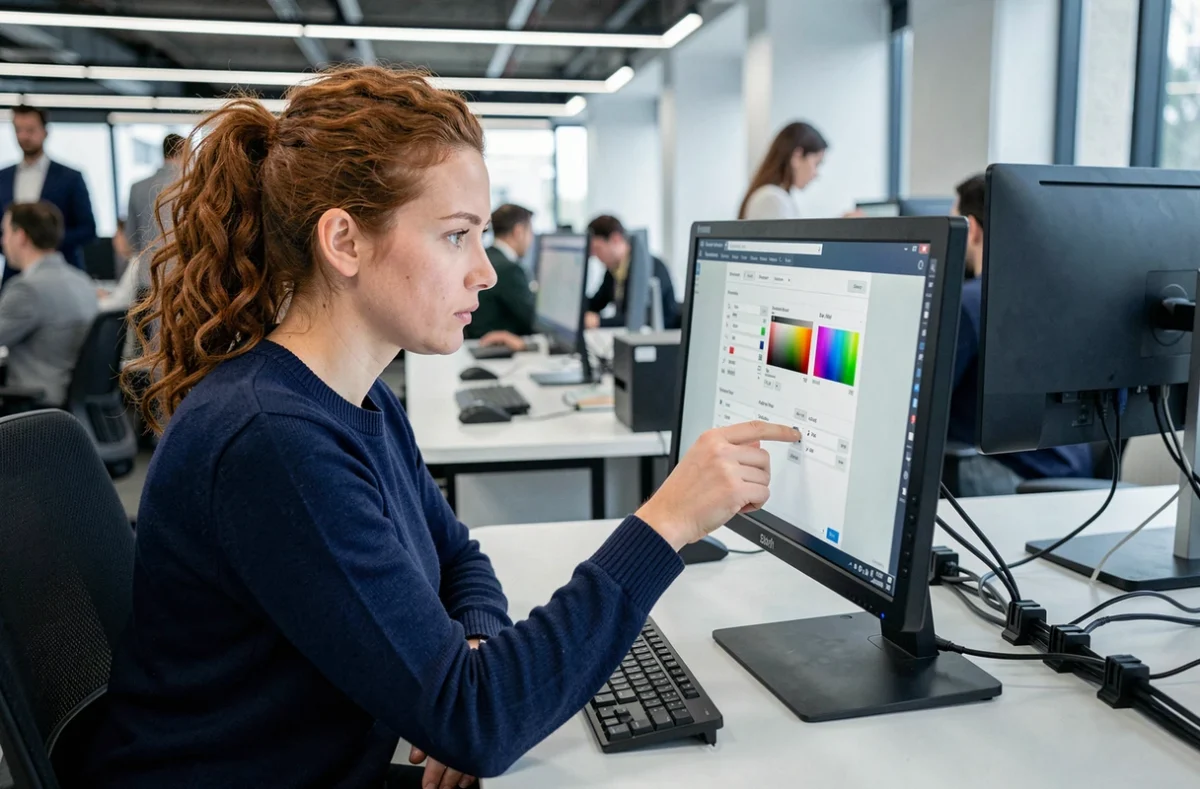 Femme réglant les paramètres d'affichage d'un moniteur 24 pouces dans un environnement de bureau professionnel