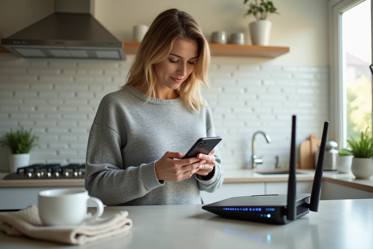Femme ajustant un routeur sans fil dans la cuisine