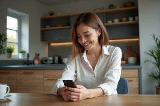 Femme souriante lisant un message sur son téléphone dans la cuisine