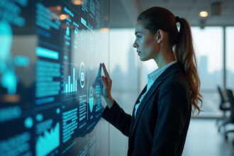 Femme d'affaires regardant un tableau de bord de sécurité numérique