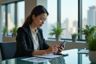 Femme d affaires utilisant un smartphone dans un bureau moderne