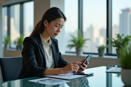 Femme d affaires utilisant un smartphone dans un bureau moderne
