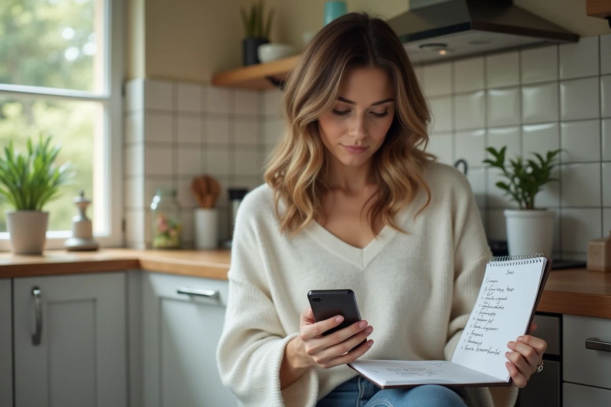 Femme tenant son smartphone et regardant un carnet de mots de passe