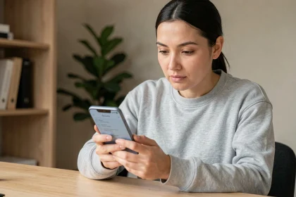 Femme tenant un smartphone Android et cherchant le presse-papier dans les paramètres du téléphone
