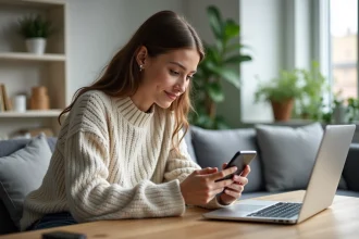 Jeune femme compare deux smartphones dans un salon lumineux
