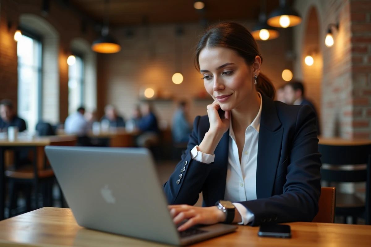 Femme analysant les notifications de mise à jour Android sur un téléphone Google Pixel dans un café urbain