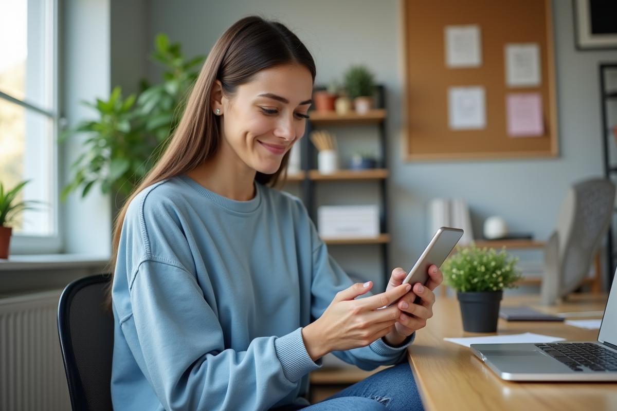 Jeune femme au bureau consulte ses messages sur smartphone