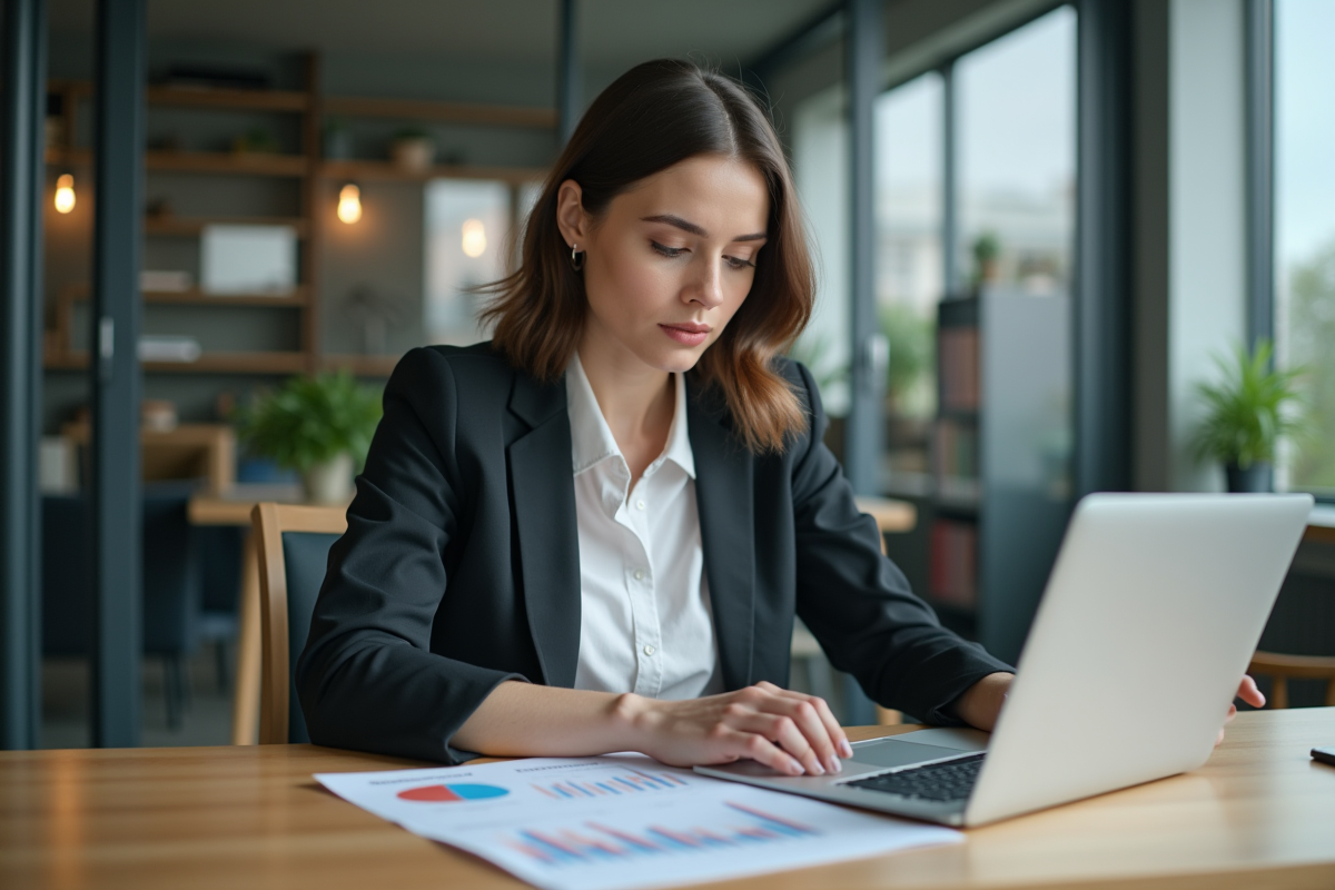 Femme concentrée travaillant sur un ordinateur dans un bureau moderne