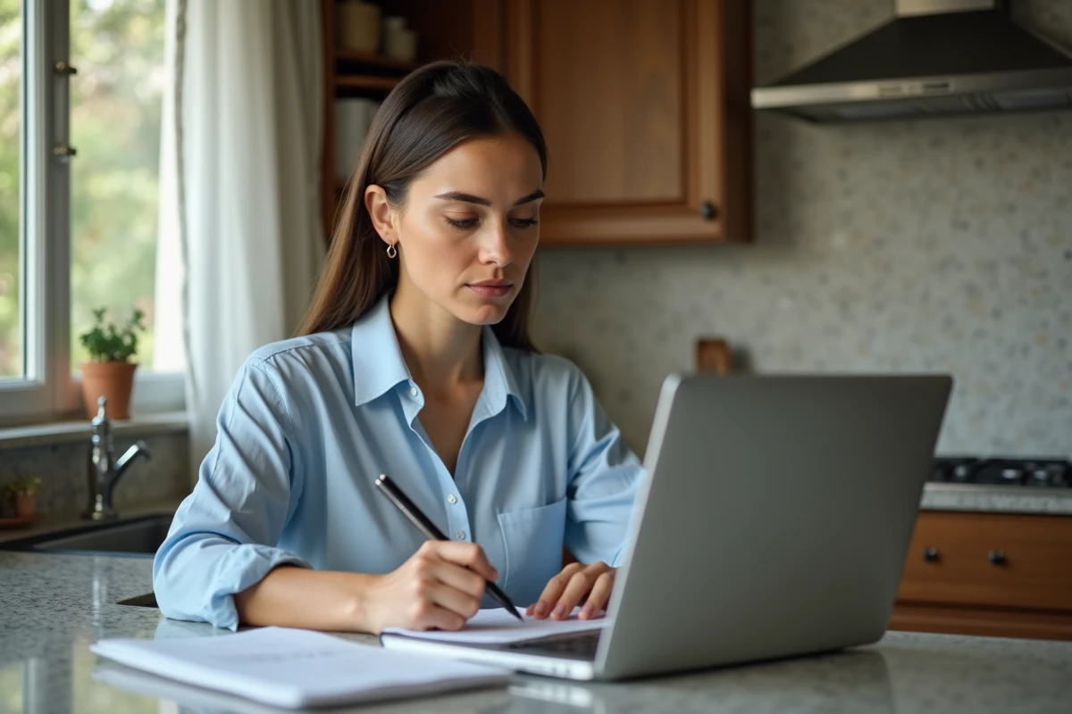 Femme en cuisine concentrée sur son ordinateur portable