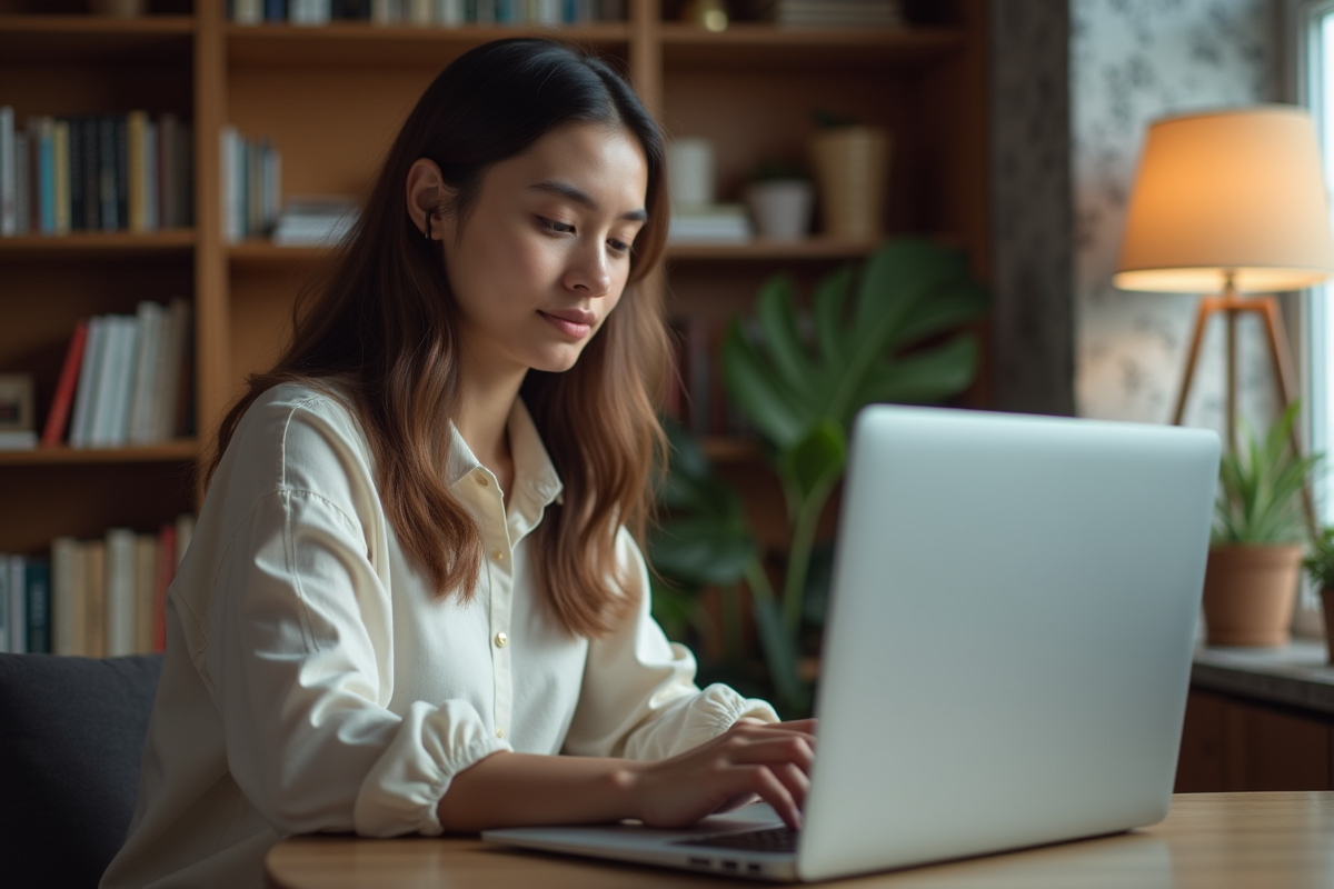 Jeune femme travaillant seul à son bureau à domicile
