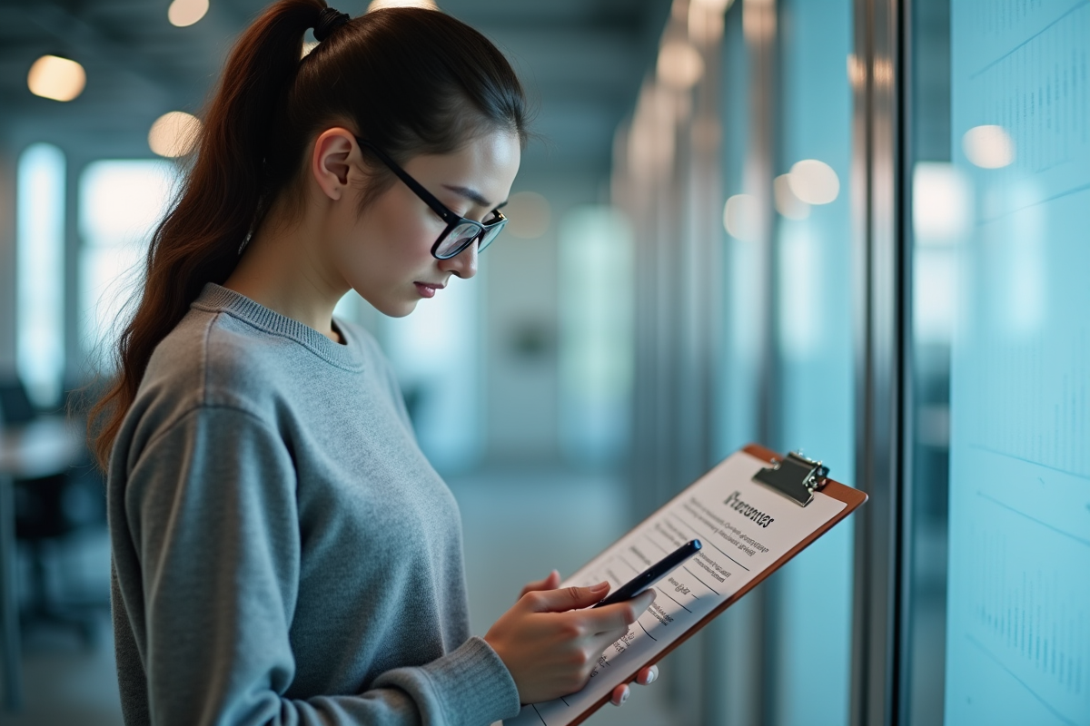 Jeune femme vérifiant une checklist de sécurité dans un couloir