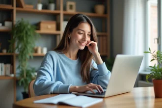 Jeune femme en sweater bleu remplissant un formulaire en ligne
