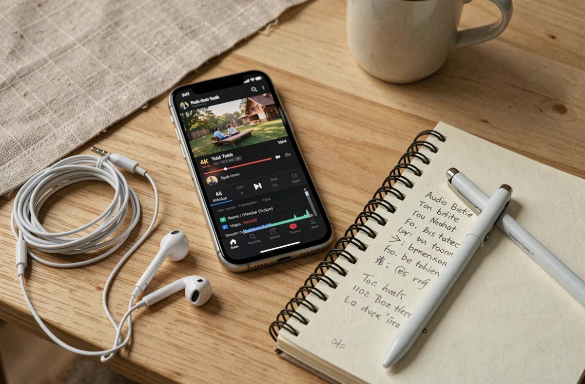 Vue à plat d'un smartphone affichant une vidéo YouTube 4K avec des écouteurs et des notes manuscrites sur la conversion audio en MP3 sans saturation