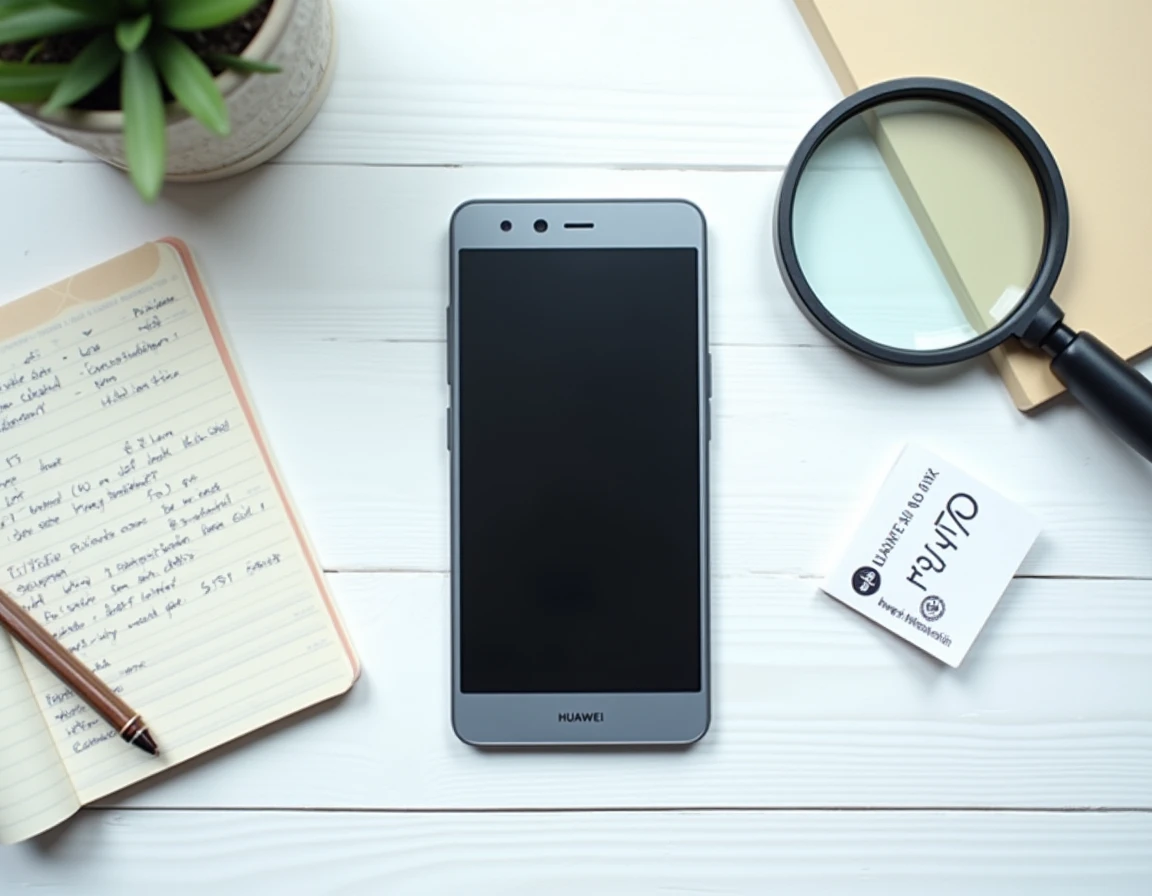 Vue de dessus d'un Huawei P10 Lite d'occasion posé avec une checklist d'inspection et un prix pour évaluation