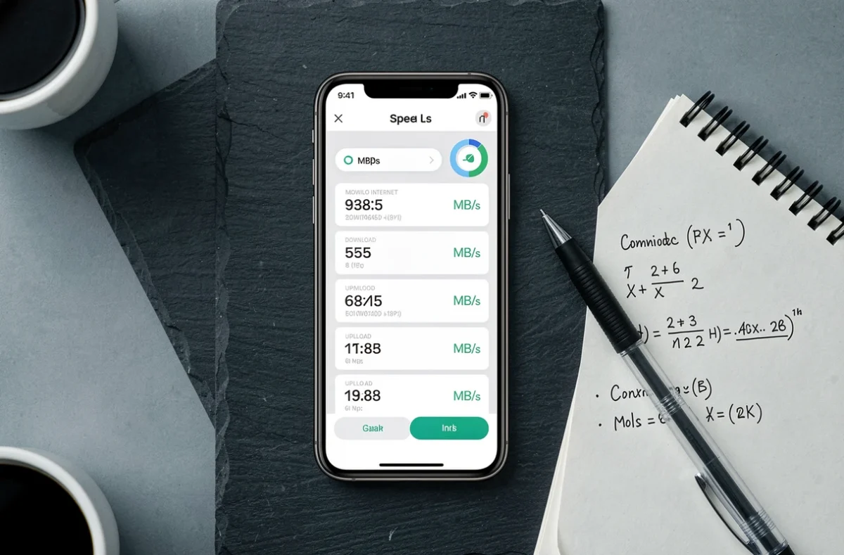 Vue aérienne d'un smartphone affichant un test de débit en Mbps avec des calculs de conversion en mégaoctets manuscrits dans un carnet