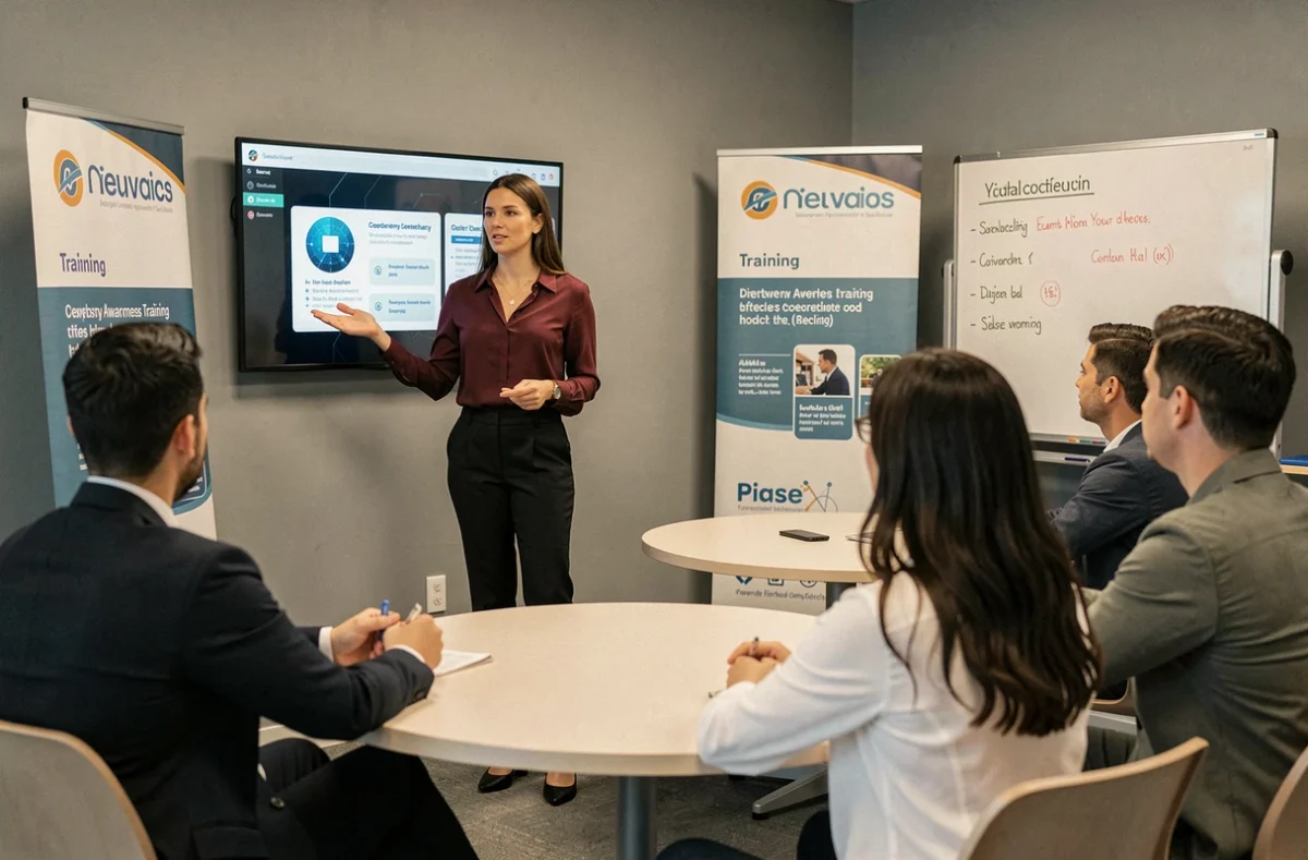 Consultante de Globalis animant une formation en cybersécurité devant un groupe d'employés dans une salle de formation professionnelle
