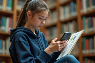 Adolescente utilisant Google Lens sur son smartphone pour scanner une page de manuel scolaire dans une bibliothèque