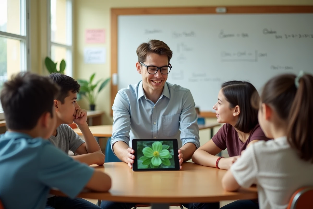Enseignant montrant l'utilisation de Google Lens sur tablette à des élèves en salle de classe