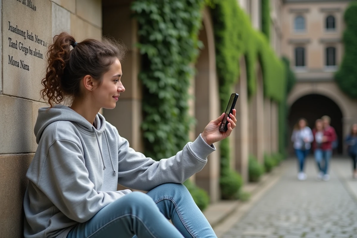 Étudiante utilisant Google Lens en extérieur pour traduire une inscription latine sur un mur de pierre universitaire