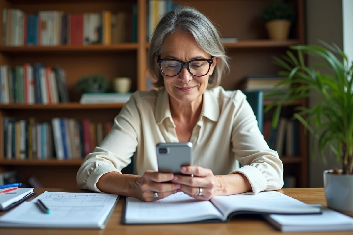 Femme adulte utilisant Google Lens à son bureau pour analyser une formule mathématique dans un cahier de travail
