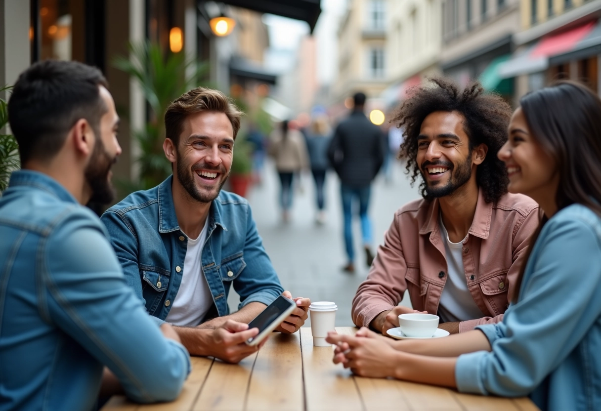 Groupe d amis discutant dans un café en plein air