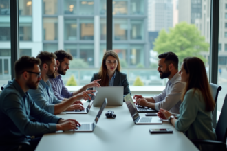Groupe de professionnels en réunion dans un espace moderne