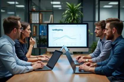 Groupe de collègues en réunion autour d'une table de bureau