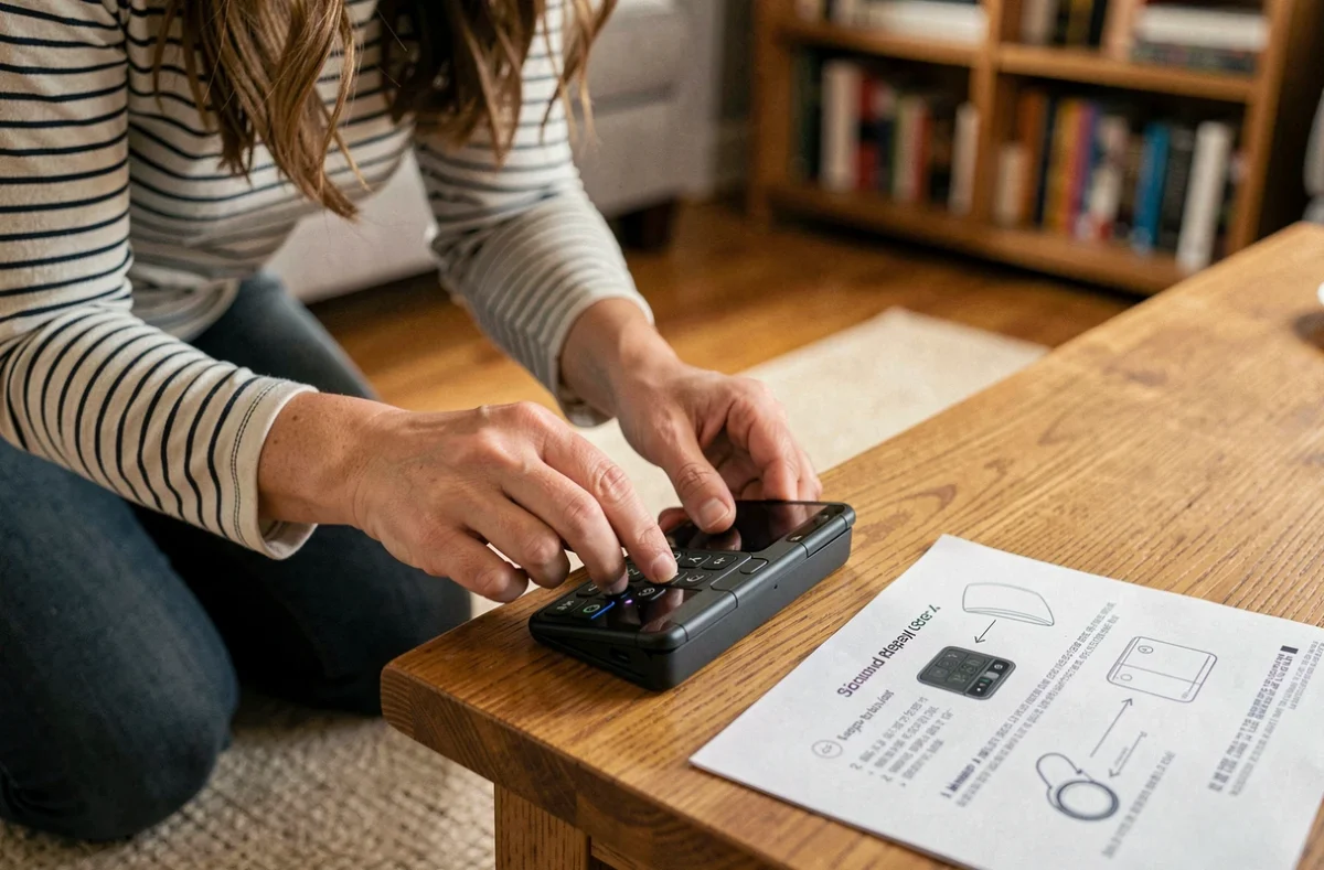 Femme suivant un guide papier pour effectuer une réinitialisation et récupérer des données sur un Samsung Galaxy Z Flip 4