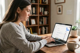 Femme consultant son historique de recherche Google sur un ordinateur portable dans un bureau à domicile
