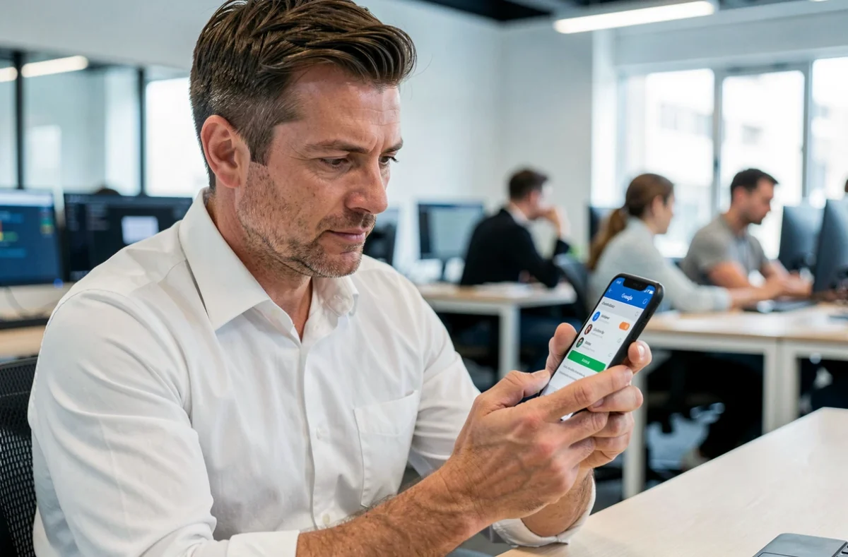 Homme vérifiant discrètement son historique de recherche Google sur smartphone dans un open space