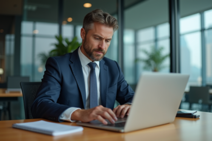Homme d'affaires concentré sur son ordinateur dans un bureau moderne